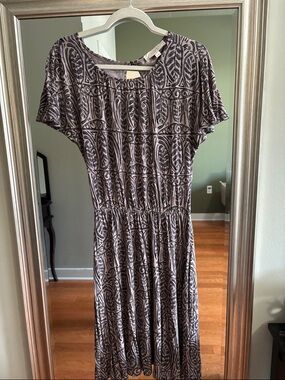 LOFT Taupe and Black Printed Midi Dress